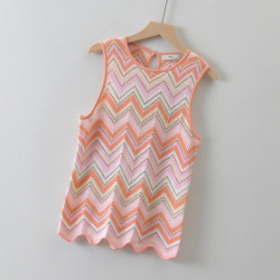 小镂空无袖 波浪条纹金线背心针织衫 上衣夏 女装 出口中东单SPL@