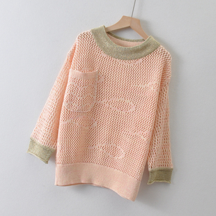 日单STR*FIE*小奢女装~镂空棉套头毛衣罩衫春季 七分袖金线针织衫