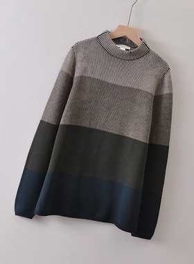 美国单christop**ks原~竖条纹立领套头毛衣春季女 纯棉撞色针织衫