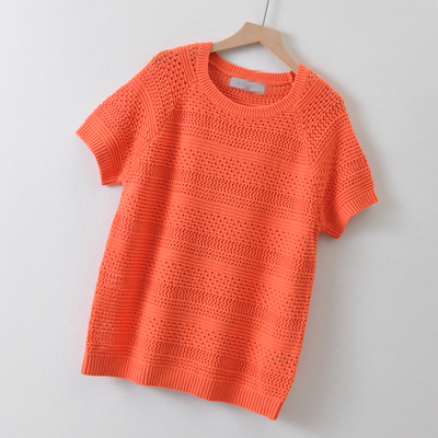 英国单paul cost*ng女装~镂空短袖针织衫秋季 全棉圆领大码毛衣