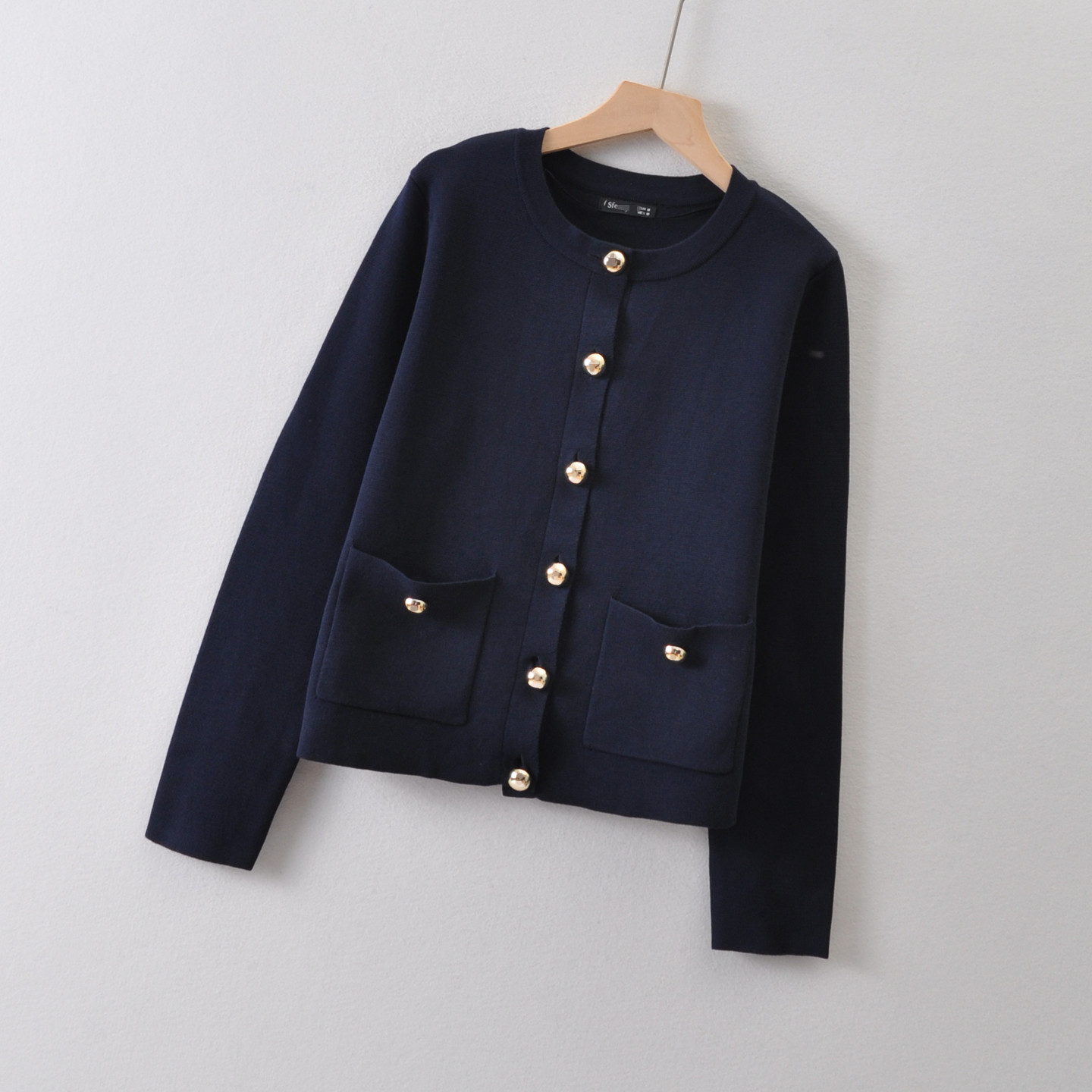 出口戏班牙单sfe*女装~圆领长袖针织开衫春季 气质口袋小香风毛衣