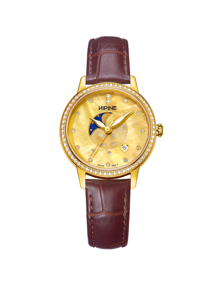 西普尼生日礼物999足金圆形黄金手表腕上星河轻奢时尚石英手表