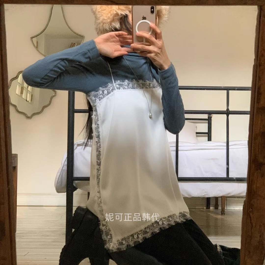 妮可家包邮韩国东大门正品代购秋冬新款时尚混搭蕾丝中长款吊带衫