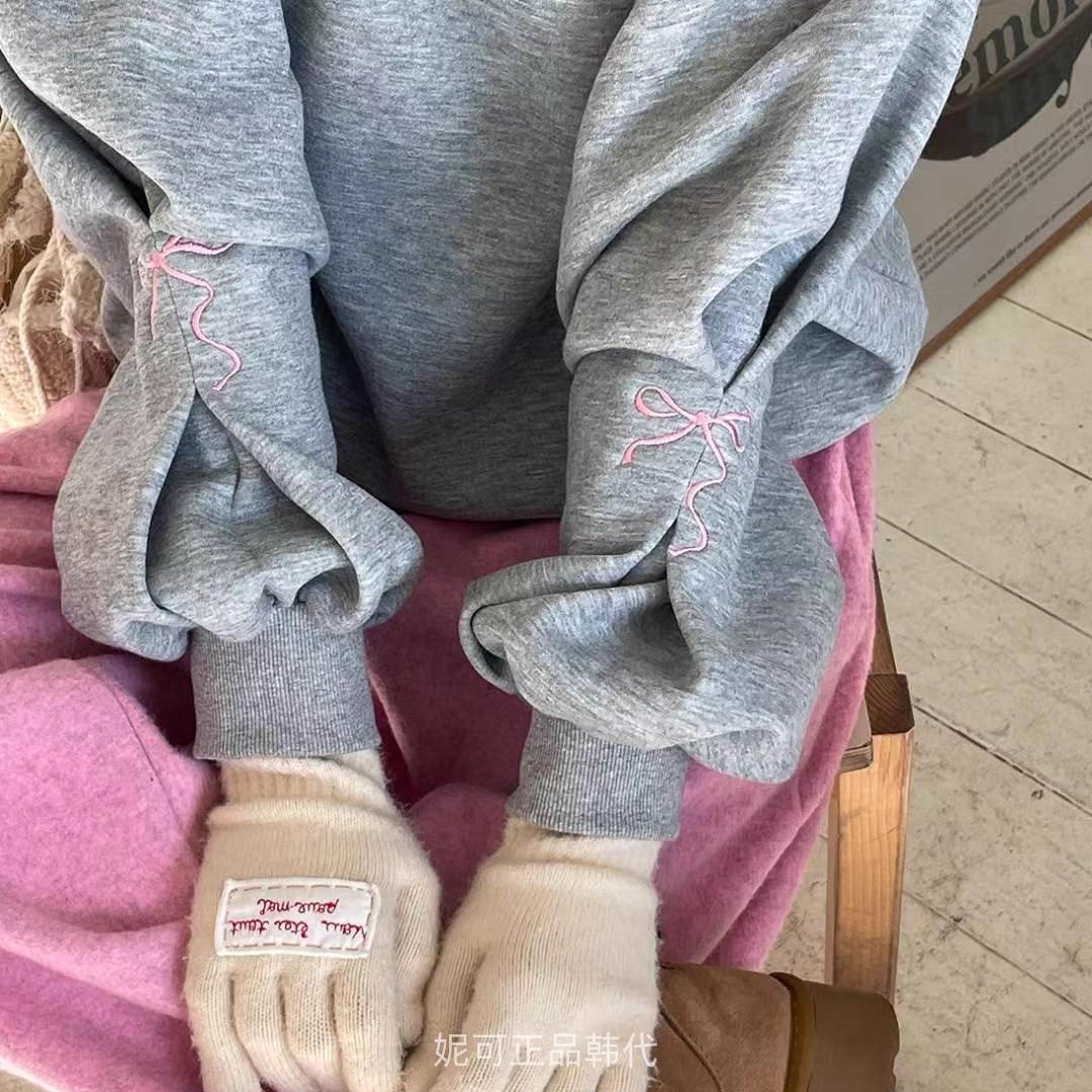 妮可家包邮韩国东大门正品代购秋冬新款甜美蝴蝶结刺绣加绒卫衣