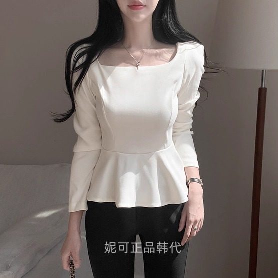 妮可家包邮韩国东大门正品代购秋季新款气质收腰小裙摆方领衬衣