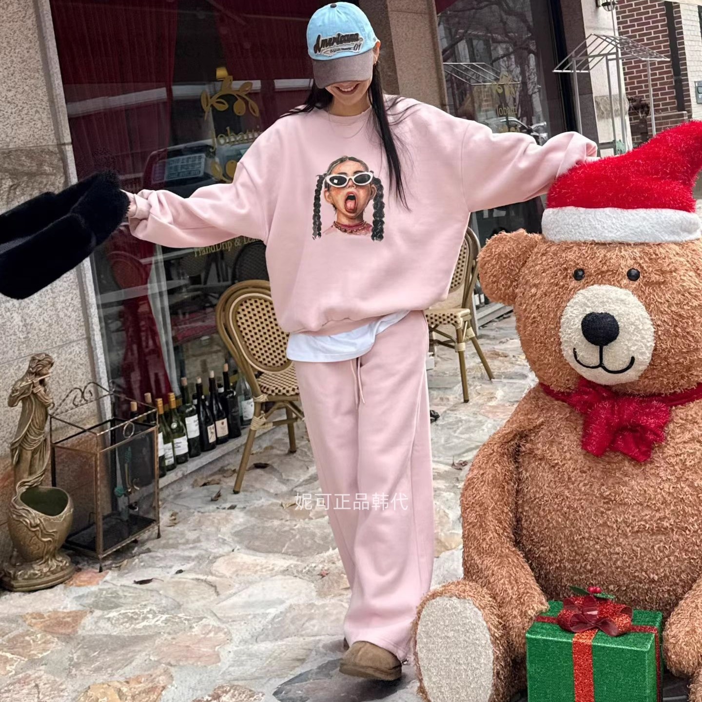 妮可家包邮韩国东大门正品代购秋冬新款潮流女孩印花加绒休闲套装