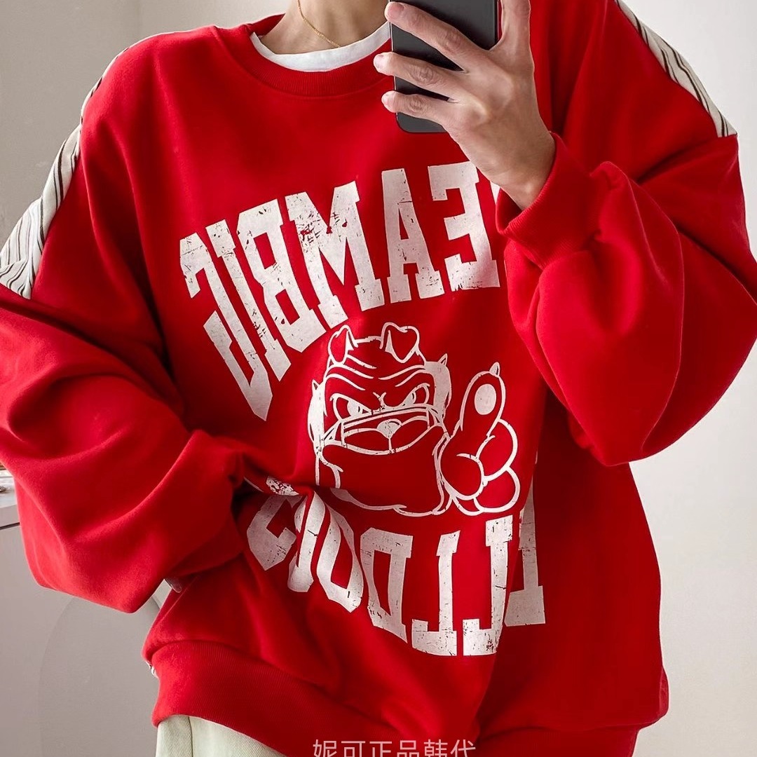 妮可家包邮韩国东大门正品代购秋冬新款休闲印花条纹拼接加绒卫衣