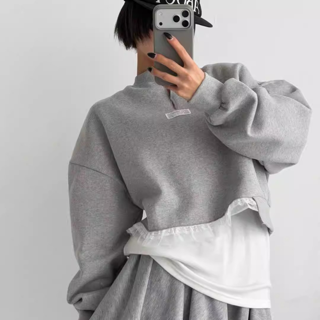 妮可家包邮韩国东大门正品代购秋冬新款甜美蕾丝标签花边加绒卫衣