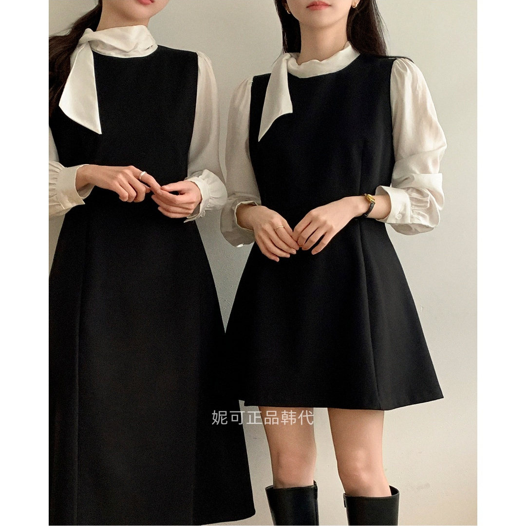 妮可家包邮韩国东大门正品代购秋冬新款气质领巾拼接连衣裙长短款