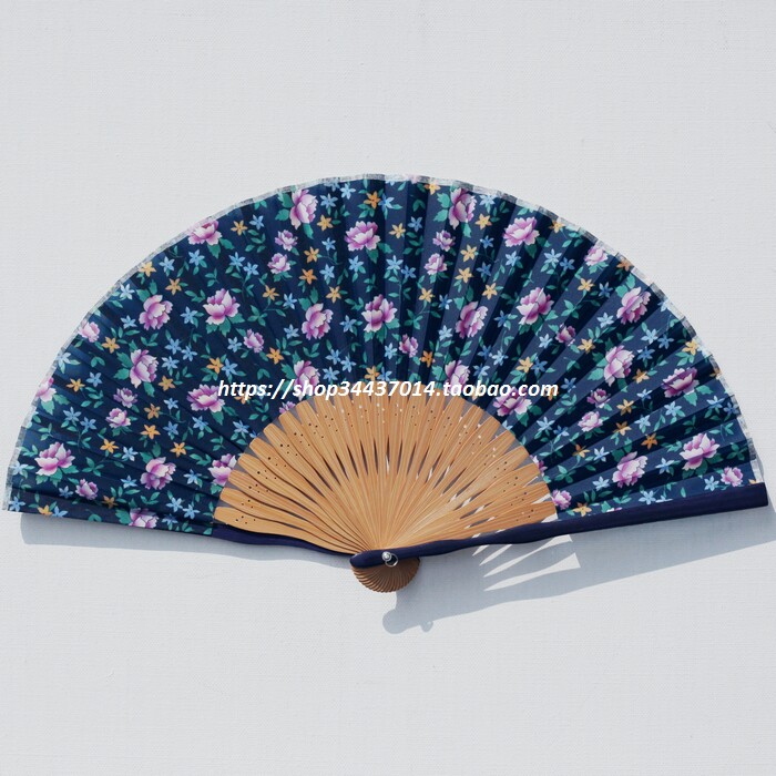 藏青色牡丹花扇子 日式和风扇 扇子