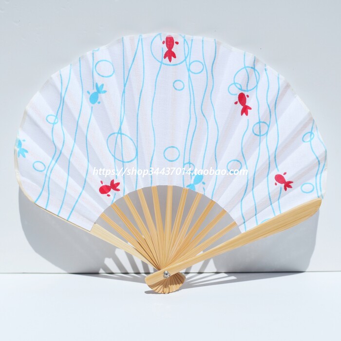 日式和风 泡泡金鱼水草折扇 贝壳扇 葵形扇子 大刀扇 女士扇