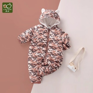 拉比童装婴儿连体衣秋冬季新生儿羽绒服连帽衣男童哈衣宝宝爬爬服