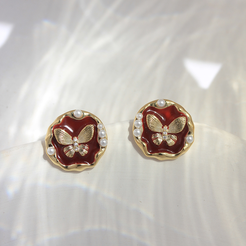 时尚复古安可拉红蝴蝶珍珠耳钉氛围感轻奢气质独特耳环精致百搭潮