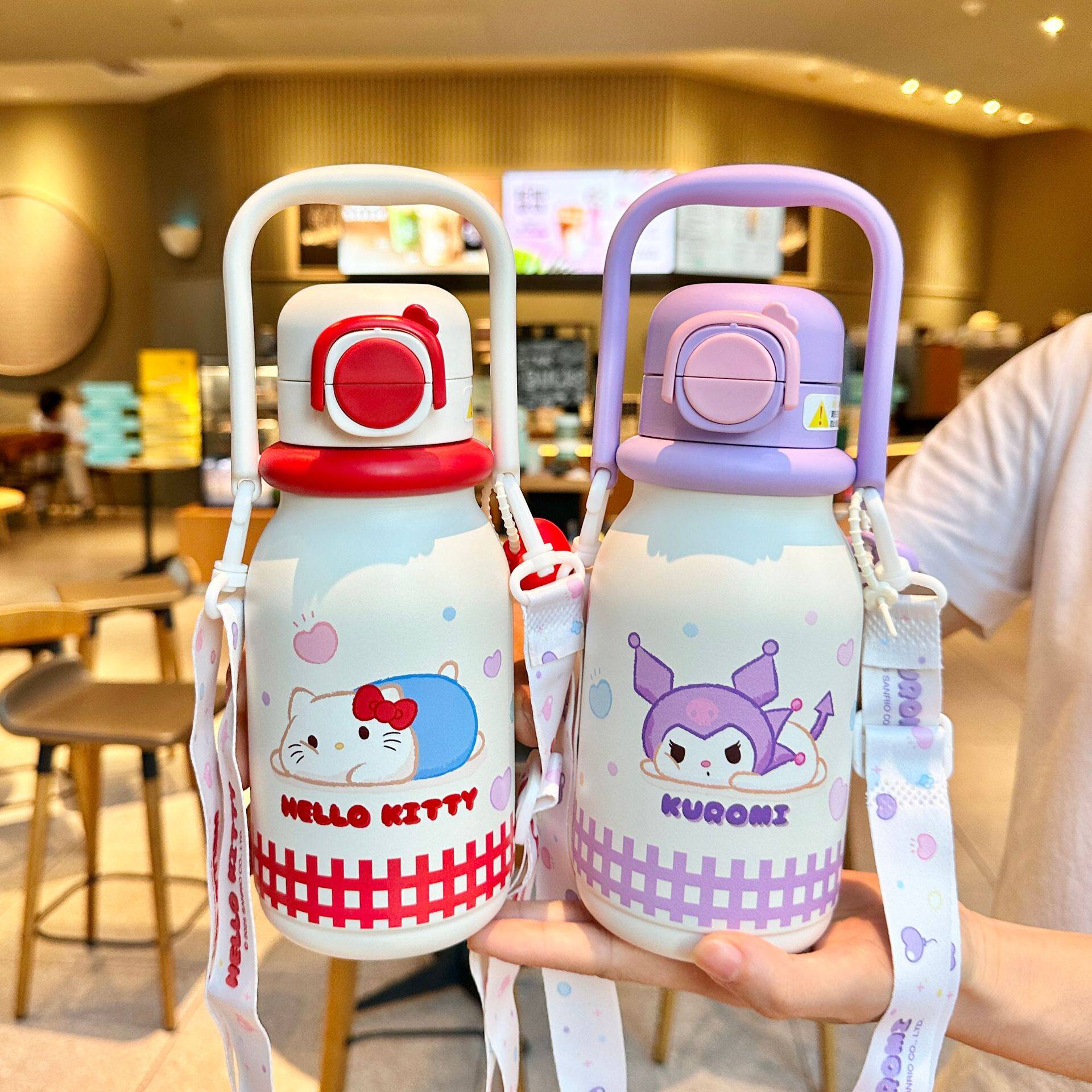 凯蒂猫儿童高颜值双饮保温杯子库洛米女孩学生吸管背带大容量水壶