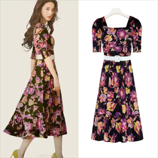 欧购玫瑰的故事刘亦菲同款法式碎花连衣裙女夏收腰新款气质长裙子
