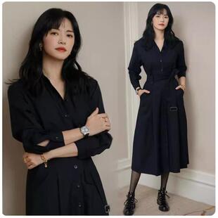 欧购黑色风衣连衣裙女2025春秋季姚晨明星同款过膝长袖单排扣气质
