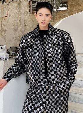 新款时尚休闲气质棋盘格亮片夹克外套上衣A246-2440-5140