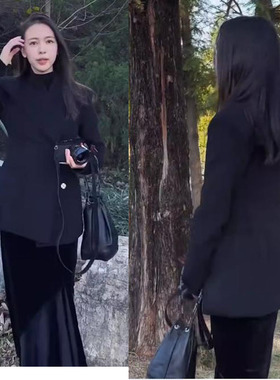 秋冬大杨嫂同款赫本风廓形修身西装黑色羊毛毛呢外套加厚呢子大衣