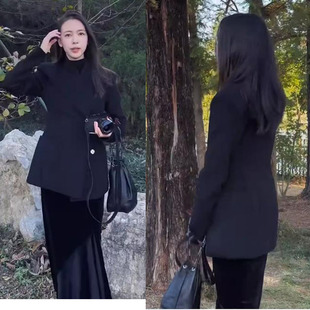 秋冬大杨嫂同款 黑色羊毛毛呢外套加厚呢子大衣 赫本风廓形修身 西装