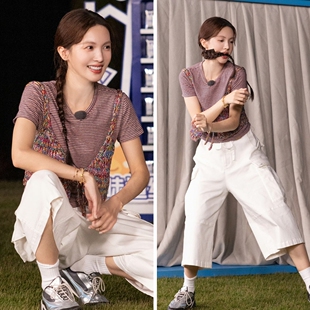 欧购现在就出发金晨同款条纹短袖T恤彩色系带短款针织吊带背心马