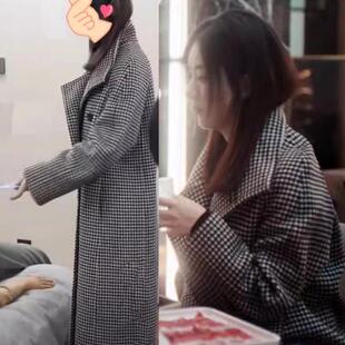 欧购韩国明星乔妍的心事赵丽颖同款外套千鸟格中长款羊毛大衣毛呢