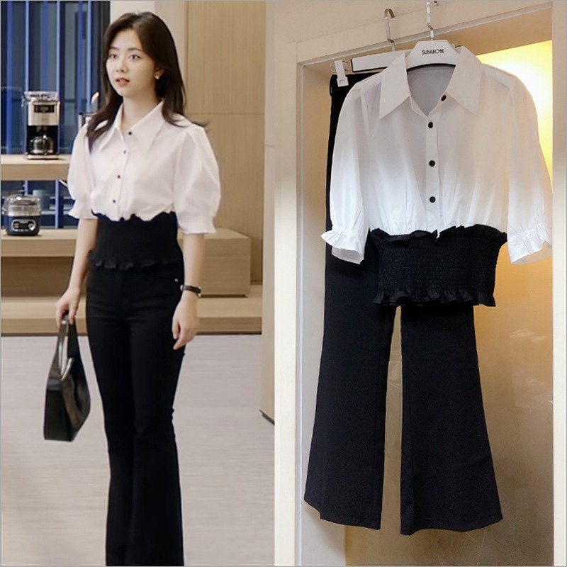 请叫我总监宁檬谭松韵同款白色撞色衬衫女夏黑色微喇叭长裤子套装,女装/女士精品,衬衫,淘宝优惠券,粉丝福利购,淘宝优惠卷