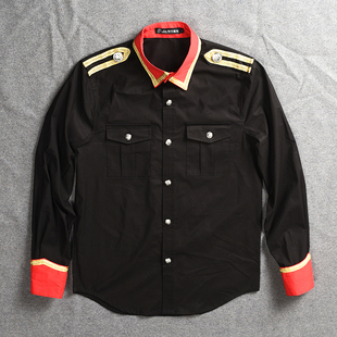 春秋男修身歌手演出周年庆典同款网红袖红领简章军阀装衬衫3014