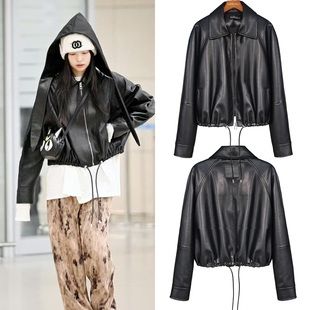 金智妮jennie韩国明星同款春秋仿羊皮皮夹克干练pu机车皮衣女外套