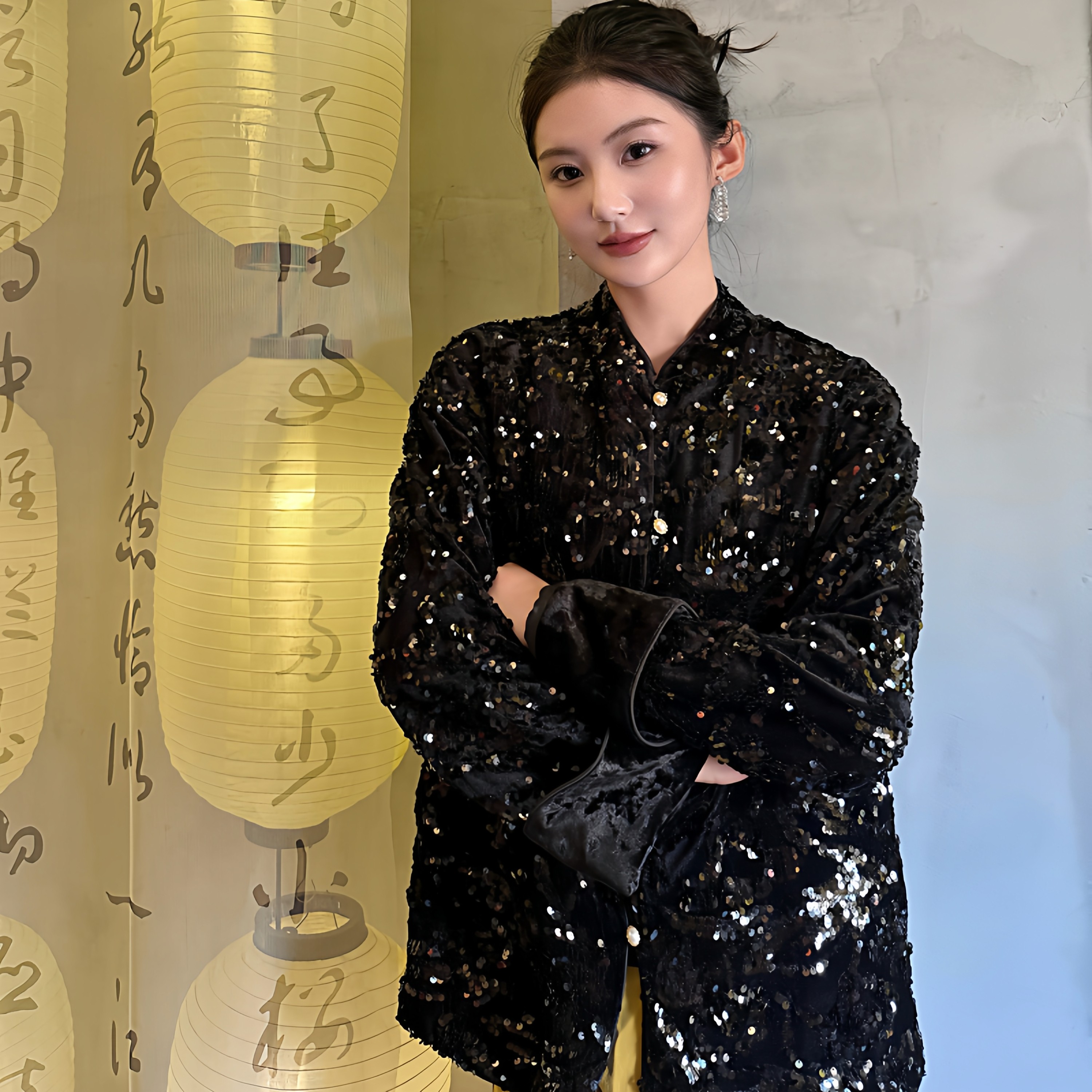 新中式黑色小香风丝绒外套