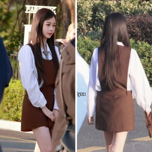 欧购双轨虞书欣姜暮同款棕色背带裙吊带连衣裙背心裙短裙白色衬衫