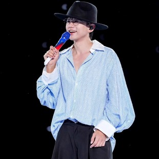 张杰明星同款衬衫蓝白条纹男【满天星烫钻】高级感时尚演出服衬衣