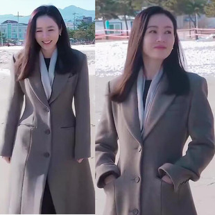 欧购2025秋冬孙艺珍同款冬季韩系中长款灰色羊毛大衣呢料呢子西装