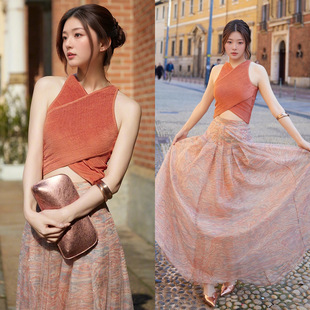 欧洲代 购佘诗曼同款V领交叉设计针织上衣亮片印花半身裙套装女