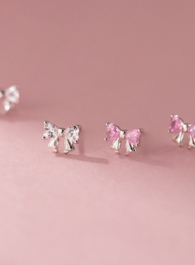 s999纯银蝴蝶结耳钉女生小巧锆石耳环轻奢高级感足银耳饰品耳环