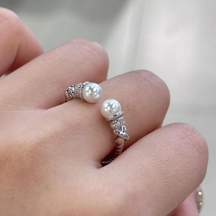 S925纯银中古风麻花珍珠戒指女高级设计感施家珍珠开口可调节指环