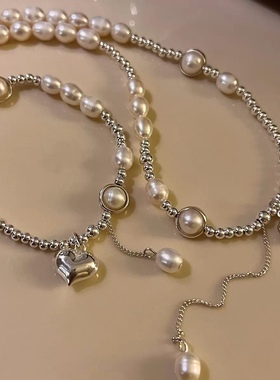 S925纯银天然淡水珍珠爱心流苏手链项链小众精致法式高级感锁骨链