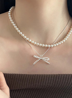 s925纯银黑玛瑙仿珍珠蝴蝶结项链女 财阀千金ins轻奢高级感锁骨链