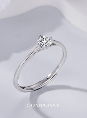 s925纯银单钻四爪开口戒指ins小众轻奢风气质求婚钻戒韩版指环女