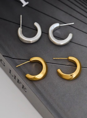 925银针高级质感小众简约设计拉丝金属半圆C圈耳环ins冷淡风耳钉