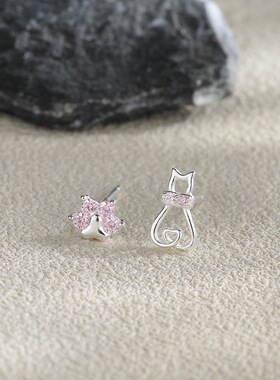 纯银耳钉女S999純银跨境个性猫咪足银耳饰高级感小众设计款耳