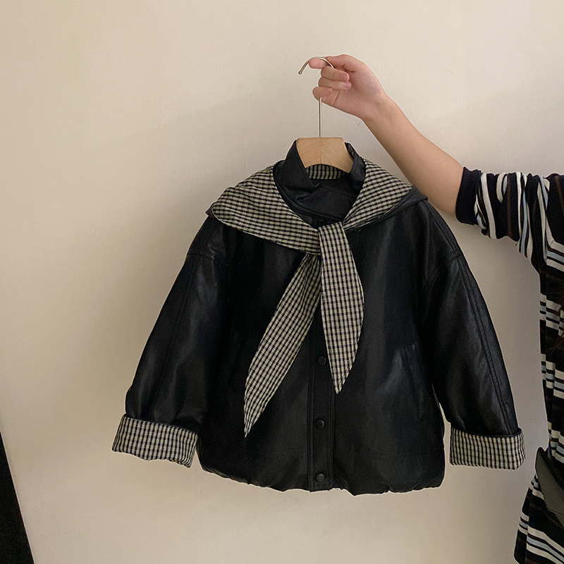 韩版女童秋冬新款潮流百搭夹棉格子皮衣外套2025中大童女童童装
