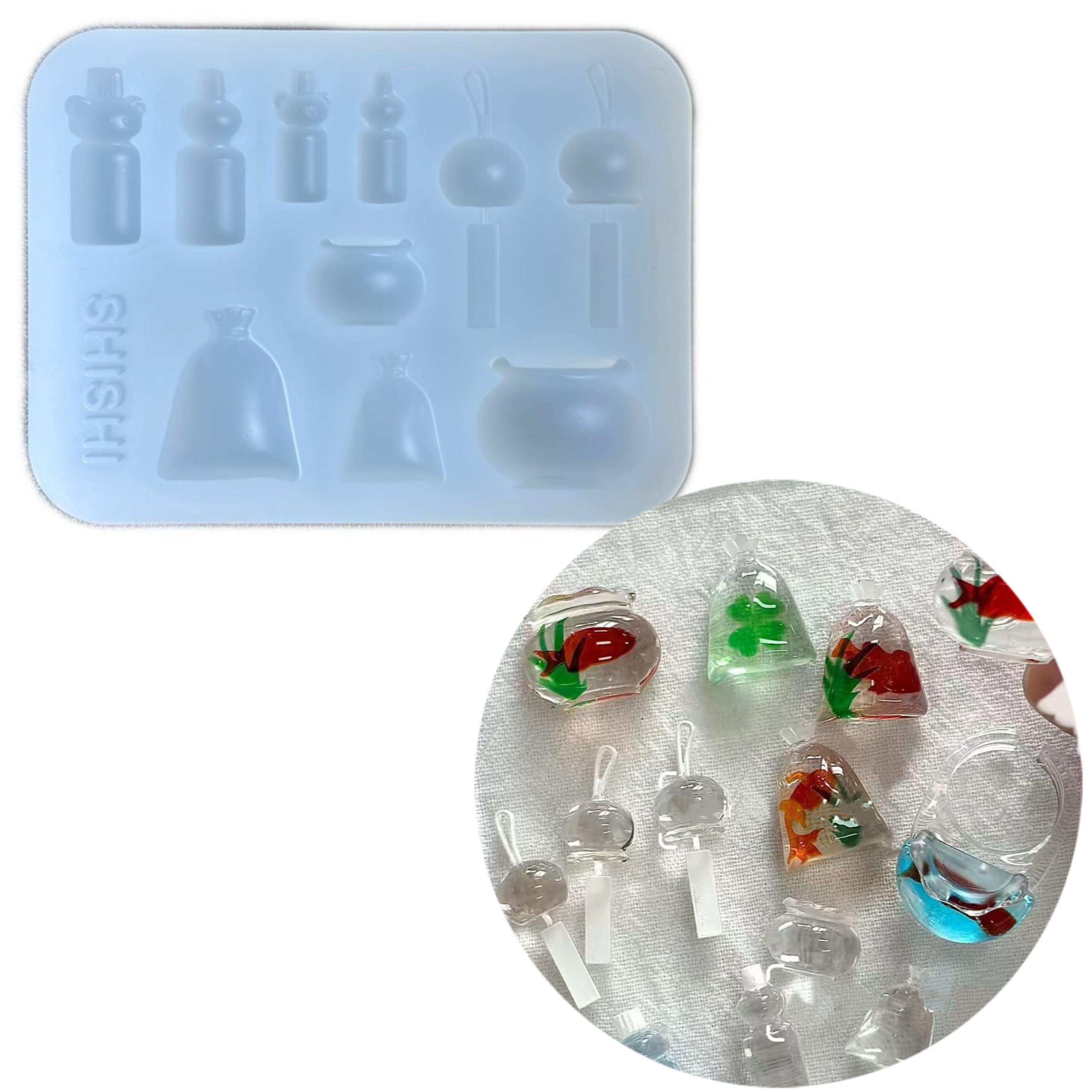 DIY手工2.5D金鱼袋模具ab树脂uv水晶滴胶钥匙扣迷你挂件硅胶模具