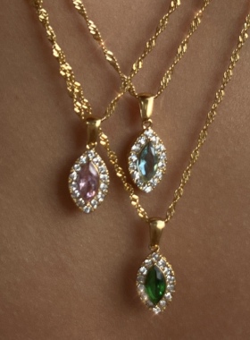 欧美小众设计ins博主款橄榄形马眼锆石满钻粉色绿色蓝色钛钢项链