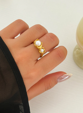 【DASEIN】法式甜美浪漫洛可可JK风18k真金电镀不锈钢珍珠戒指