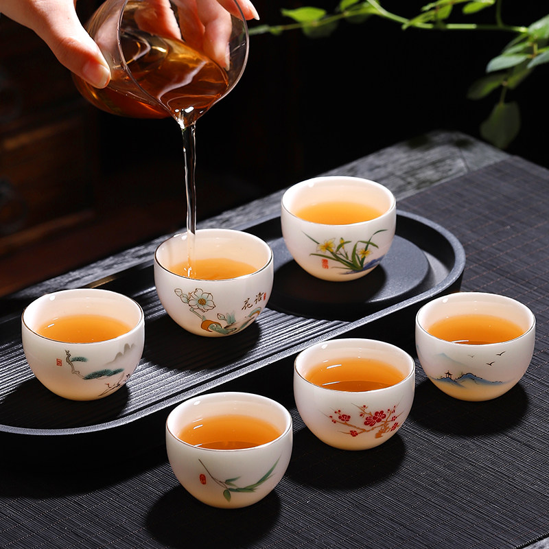 羊脂玉瓷功夫茶杯中国白喝茶小杯子陶瓷单杯国风6只装厚胎送杯架