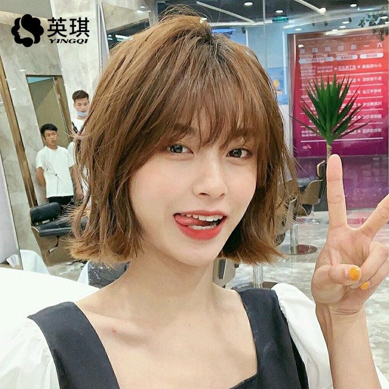英琪假发女空气刘海短卷发自然蓬松发尾外翻短发可爱真人发丝发套