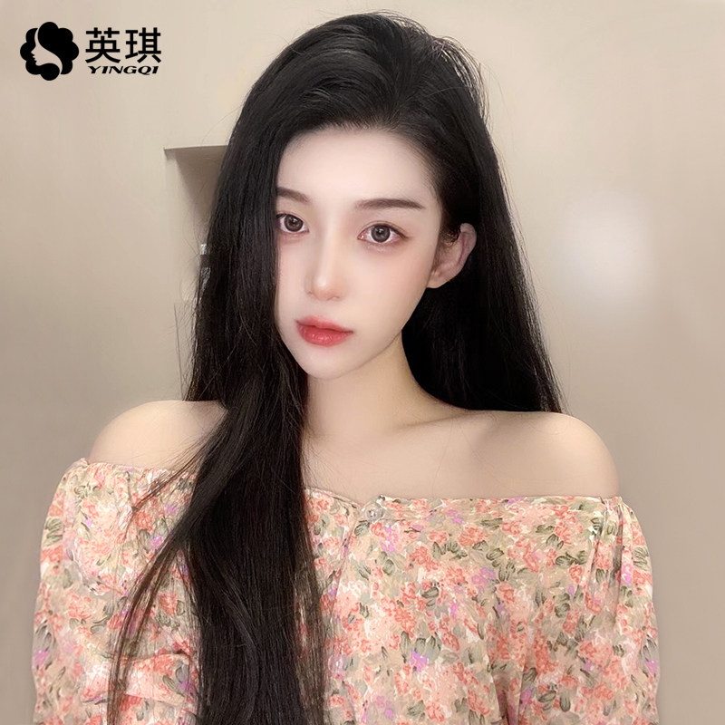 英琪假发女长发中分长直发真发全真人发丝轻薄蕾丝中长发全头套式