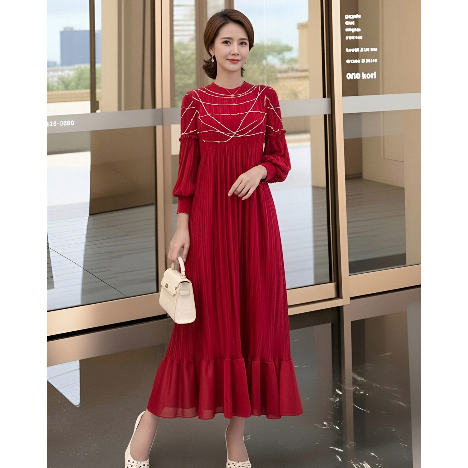 宴会红色褶皱连衣裙中老年妈妈衣服婚宴礼服宽松灯笼袖荷叶边长裙