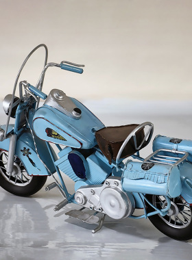 复古做旧铁艺蓝色摩托车模型摆件