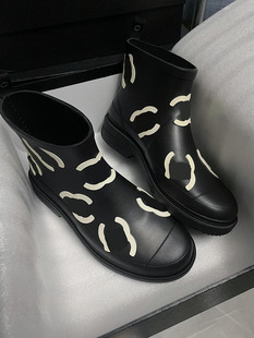名媛香风3D立体印花短筒雨靴女春秋厚底黑白中古CC防滑短款 潮 雨鞋